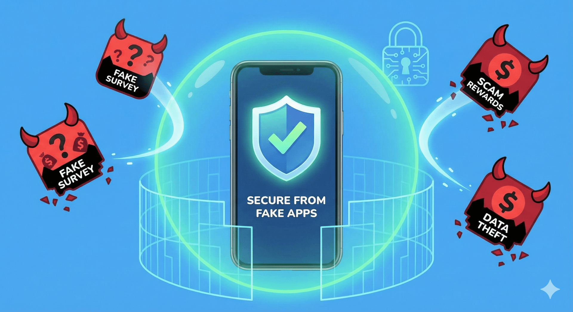 Illustration of secure phone protected from fake survey apps.